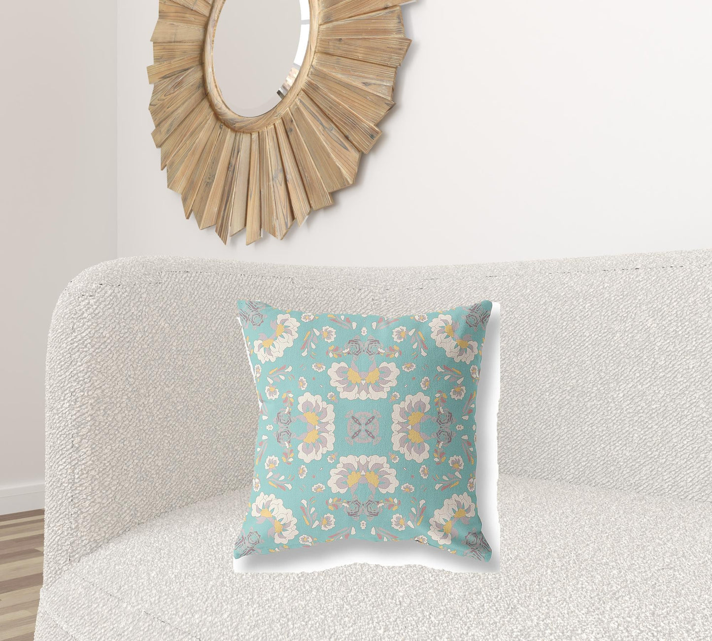 20" X 20" Green And White Floral Blown Seam Suede Throw Pillow FurniFindUSA
