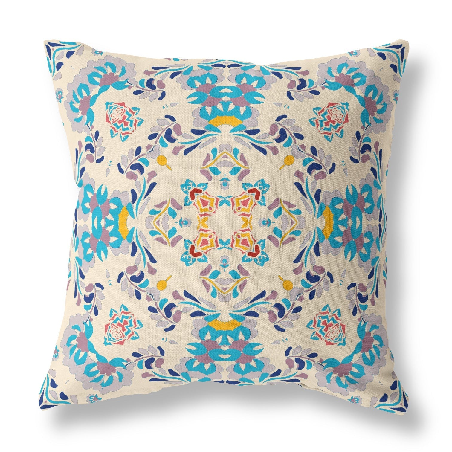 20" X 20" Off White And Blue Abstract Blown Seam Suede Throw Pillow FurniFindUSA
