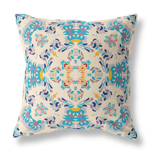 20" X 20" Off White And Blue Abstract Blown Seam Suede Throw Pillow FurniFindUSA