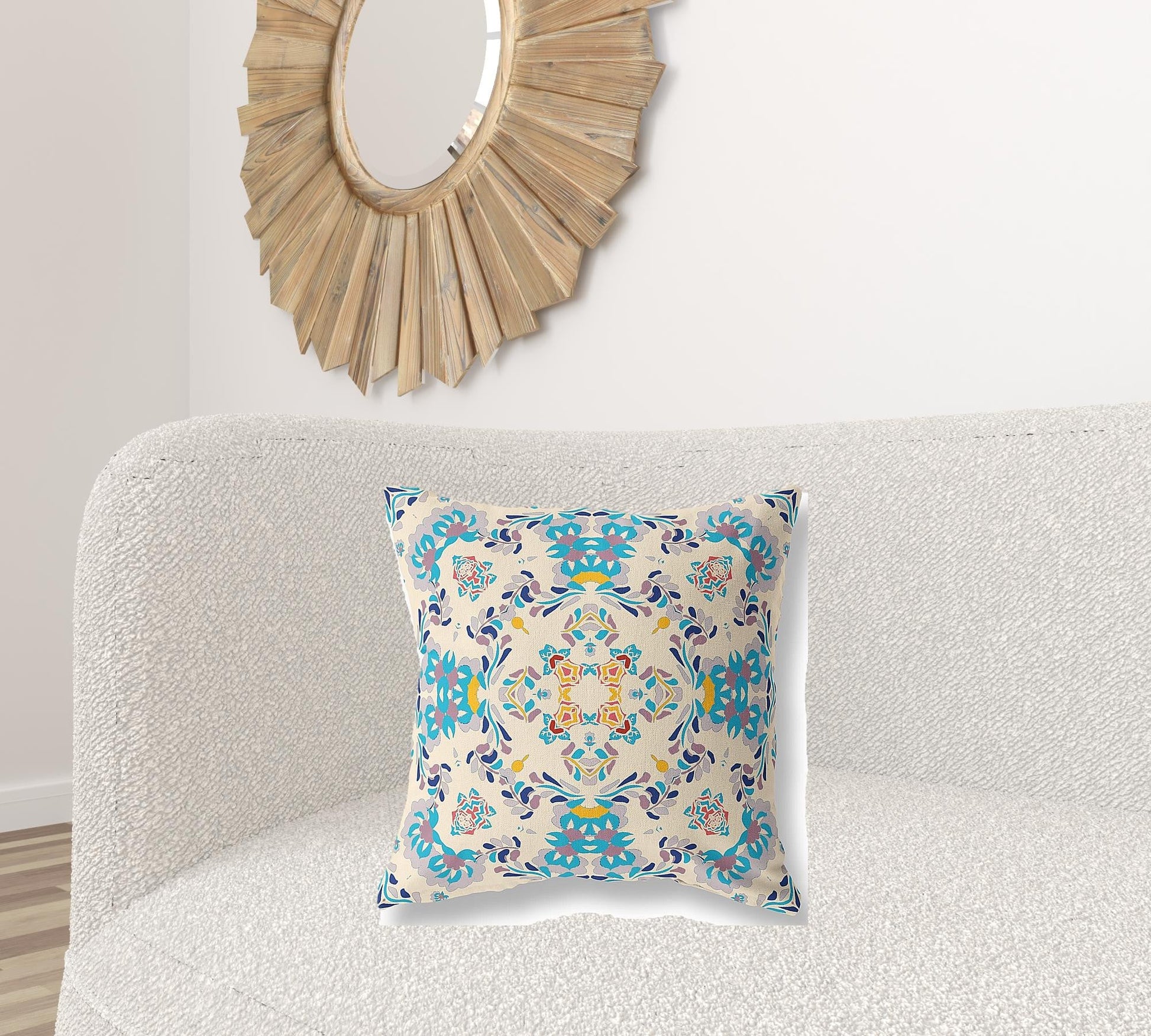 20" X 20" Off White And Blue Abstract Blown Seam Suede Throw Pillow FurniFindUSA