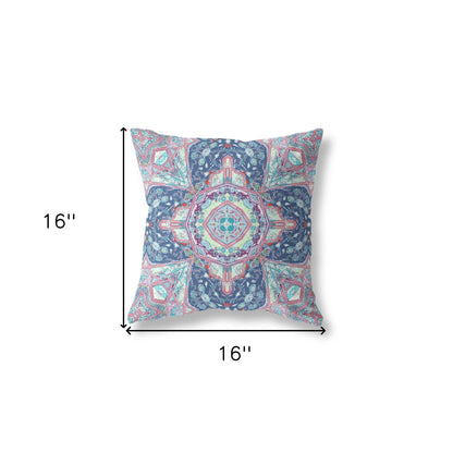 16" X 16" Blue And Pink Zippered Geometric Indoor Outdoor Throw Pillow Cover & Insert
