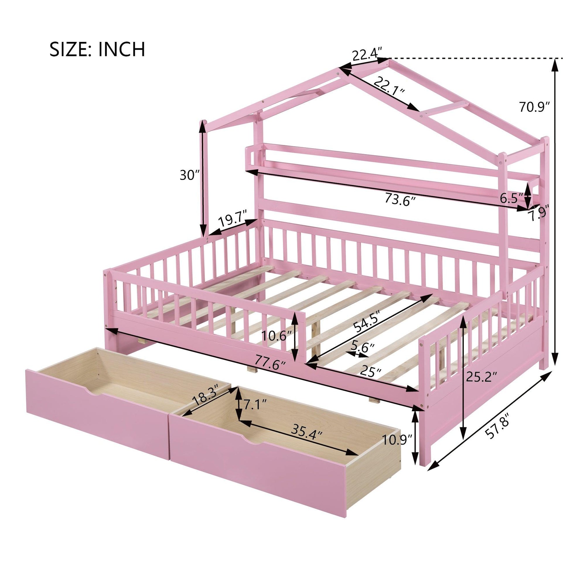 Wooden Full Size House Bed with 2 Drawers Kids Bed with Storage Shelf Pink - FurniFindUSA