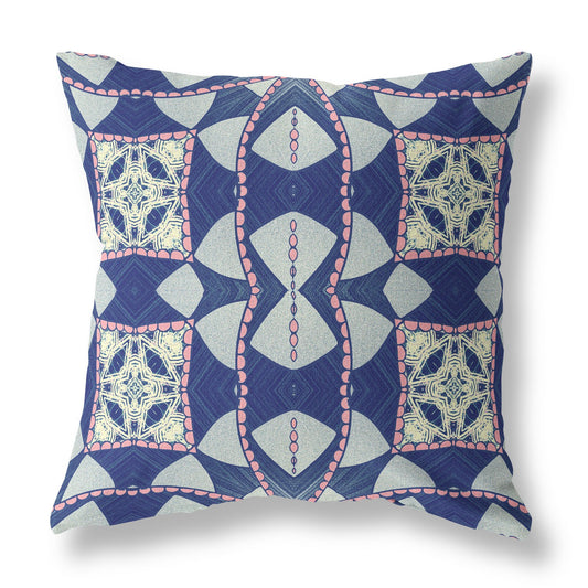 16" X 16" Indigo And Pink Blown Seam Geometric Indoor Outdoor Throw Pillow