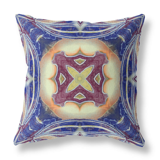 18" X 18" Blue And Cream Blown Seam Geometric Indoor Outdoor Throw Pillow
