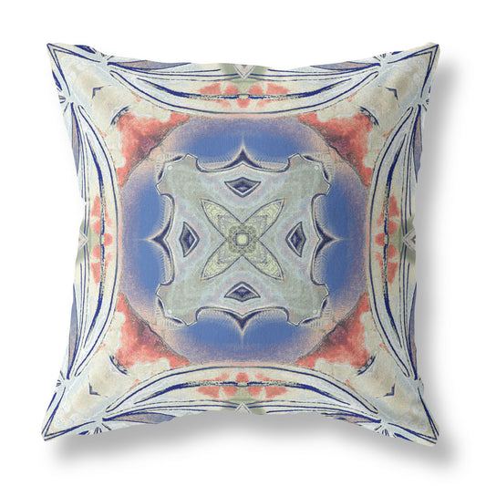 16" X 16" Cream And Blue Blown Seam Geometric Indoor Outdoor Throw Pillow