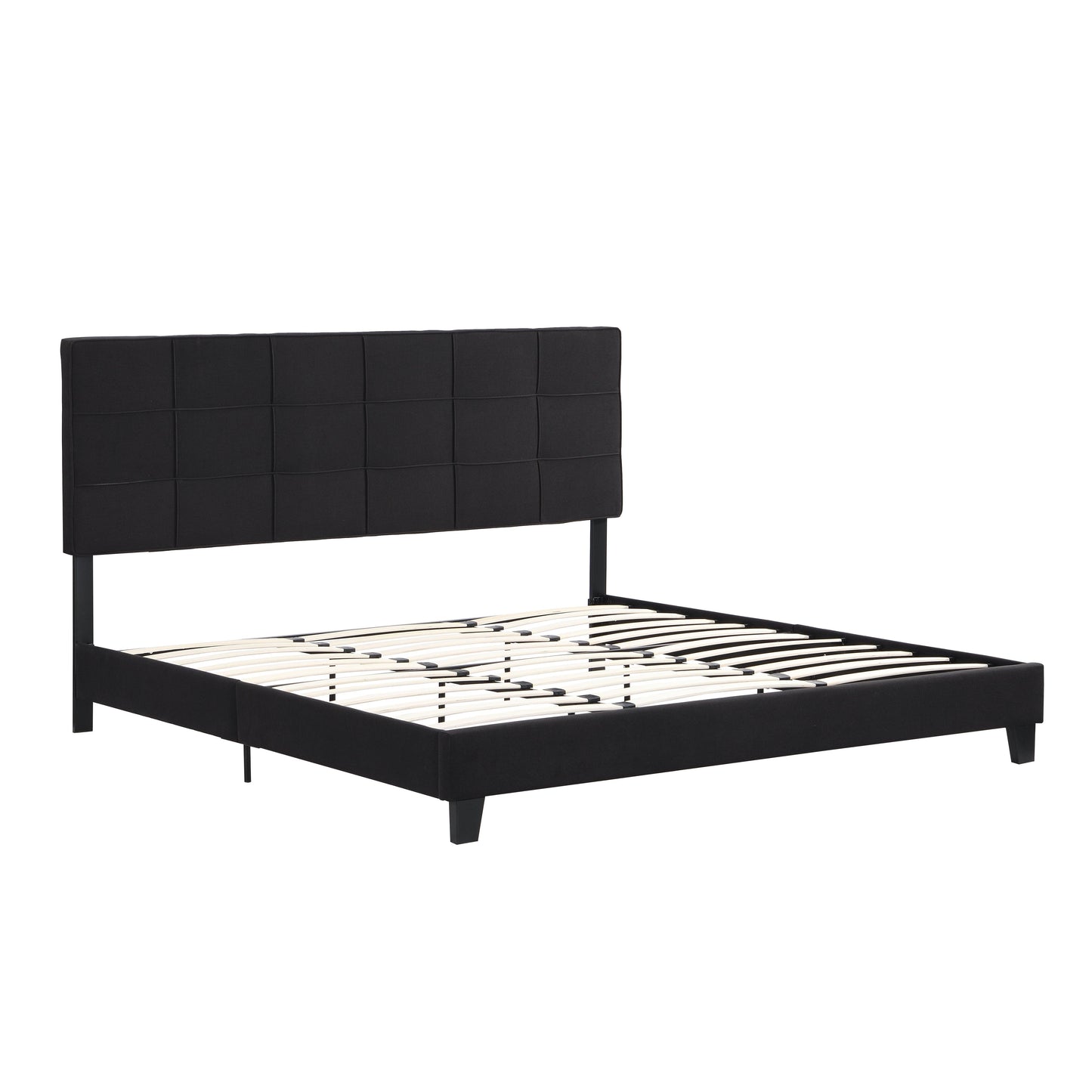 King Size Upholstered Platform Bed Frame with Linen Fabric Headboard BLACK - FurniFindUSA