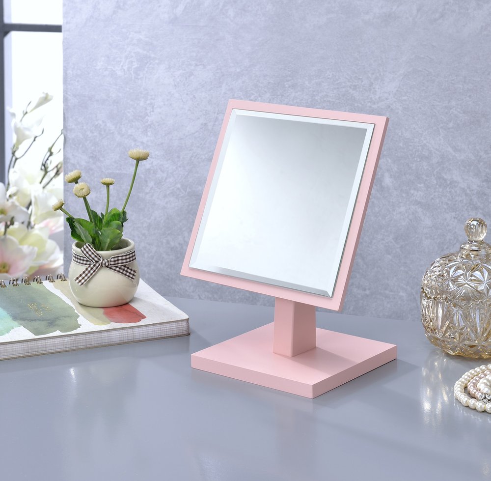 9" Pink Wood Square Freestanding Framed Makeup Shaving Tabletop Mirror HomeRoots