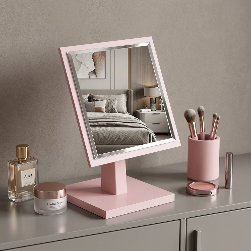 9" Pink Wood Square Freestanding Framed Makeup Shaving Tabletop Mirror HomeRoots