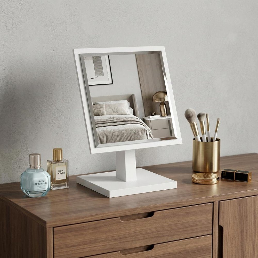 9" White Wood Square Freestanding Framed Makeup Shaving Tabletop Mirror — view 6