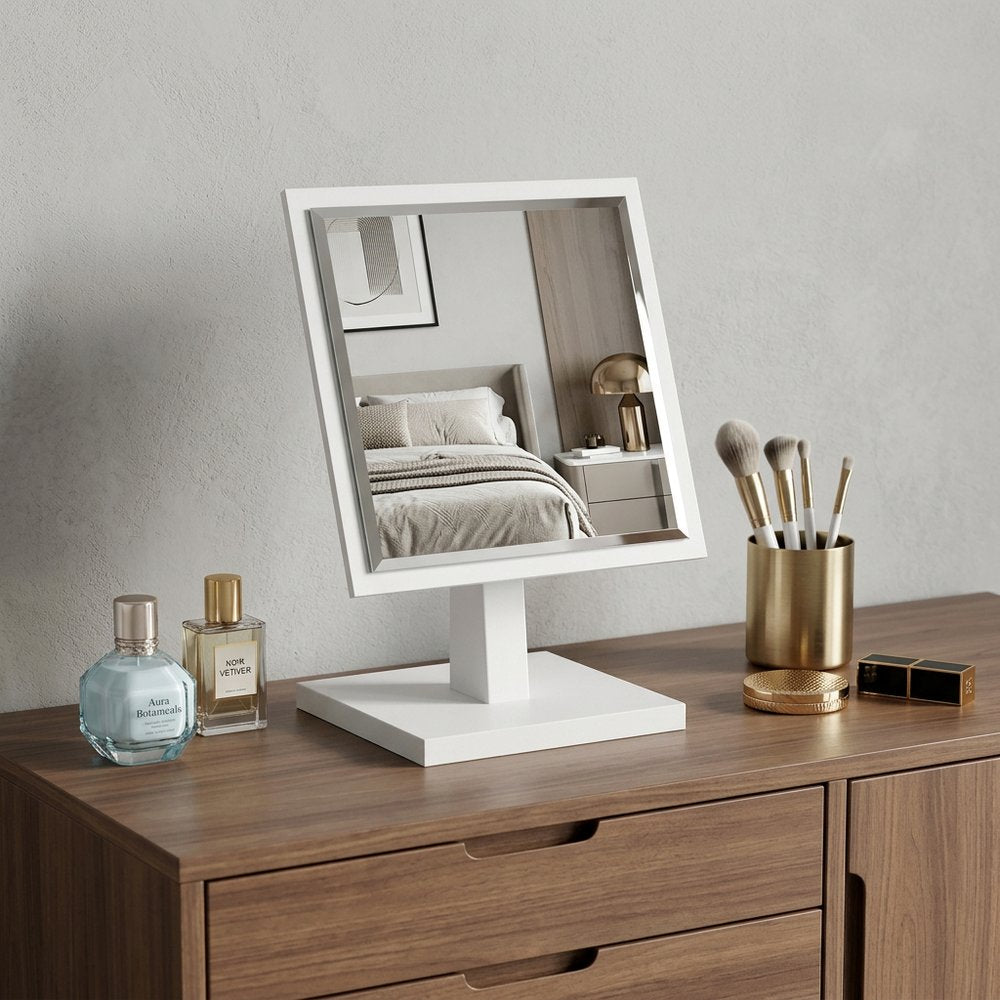 9" White Wood Square Freestanding Framed Makeup Shaving Tabletop Mirror HomeRoots