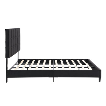 King Size Upholstered Platform Bed Frame with Linen Fabric Headboard BLACK - FurniFindUSA