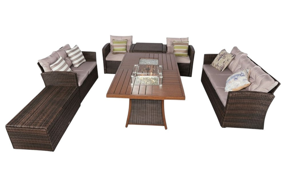 Seven Piece Brown and Gray Wicker Sectional Seating Group With Fire Pit And Table HomeRoots