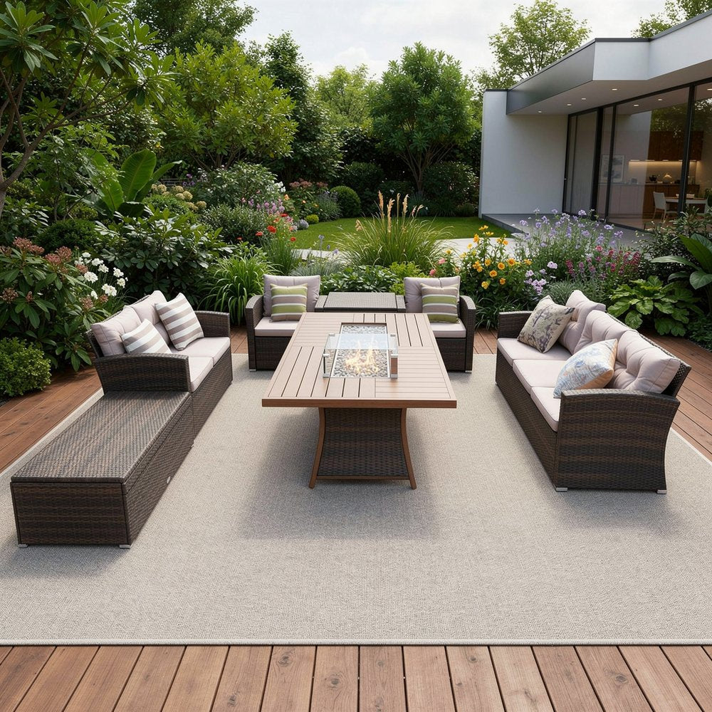 Seven Piece Brown and Gray Wicker Sectional Seating Group With Fire Pit And Table HomeRoots