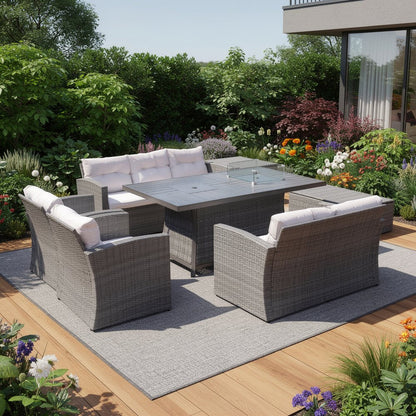 Seven Piece Gray Wicker Upholstered Cushions Sectional Seating Group With Fire Pit And Table HomeRoots