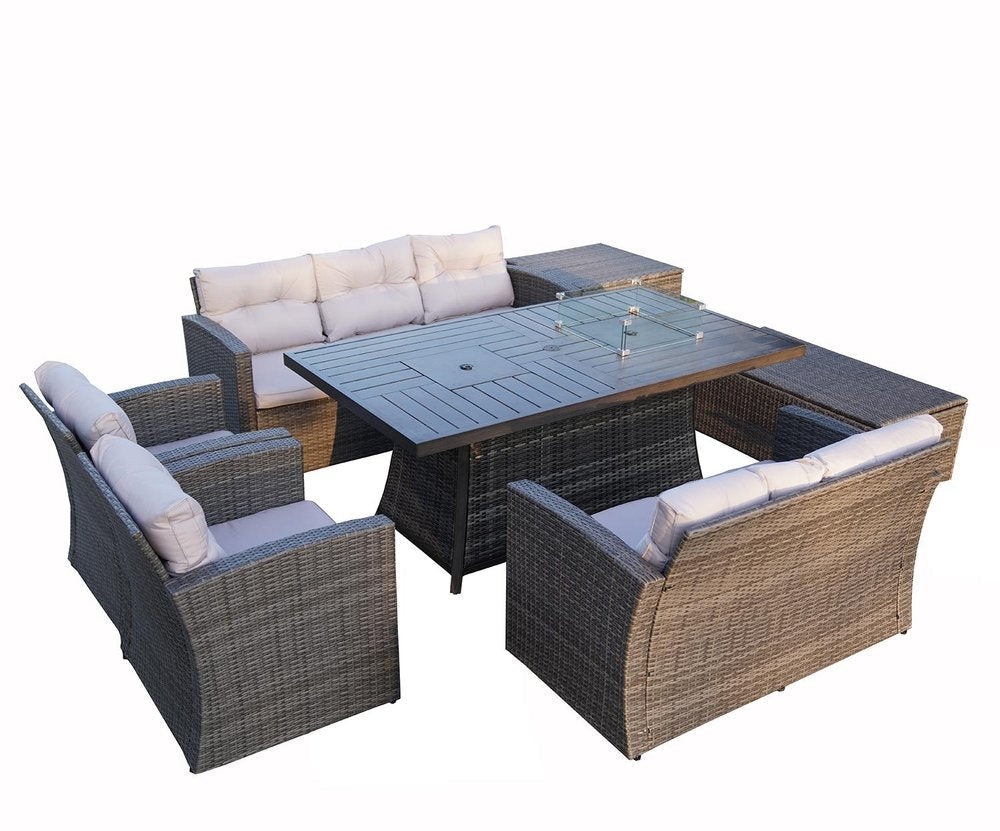 Seven Piece Gray Wicker Upholstered Cushions Sectional Seating Group With Fire Pit And Table HomeRoots