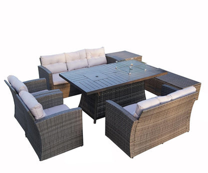 Seven Piece Gray Wicker Upholstered Cushions Sectional Seating Group With Fire Pit And Table HomeRoots