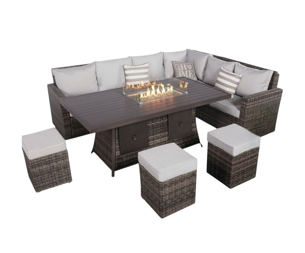 Eight Piece Gray Wicker Upholstered Cushions Sectional Seating Group With Fire Pit And Table HomeRoots