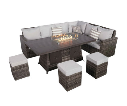 Eight Piece Gray Wicker Upholstered Cushions Sectional Seating Group With Fire Pit And Table HomeRoots