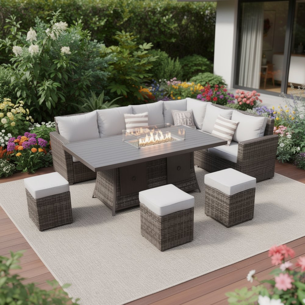 Eight Piece Gray Wicker Upholstered Cushions Sectional Seating Group With Fire Pit And Table HomeRoots