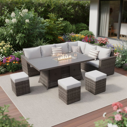 Eight Piece Gray Wicker Upholstered Cushions Sectional Seating Group With Fire Pit And Table HomeRoots