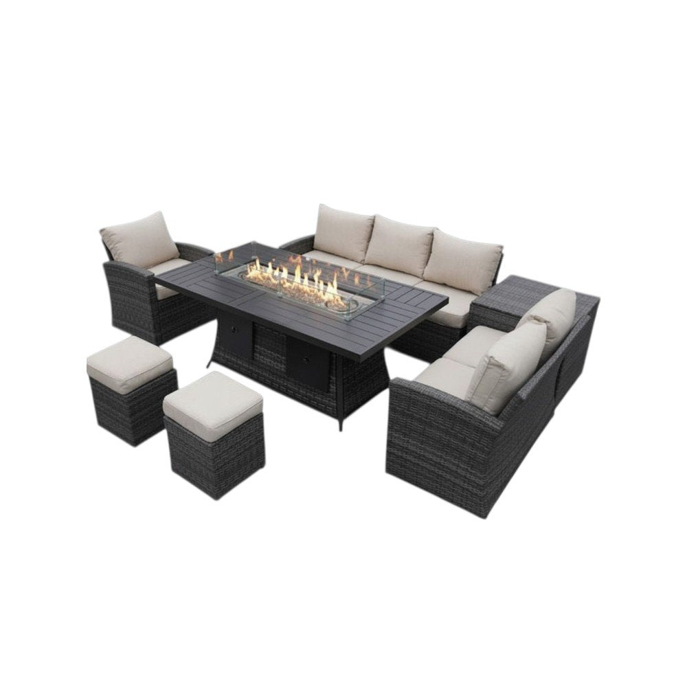 Seven Piece Brown Wicker Upholstered Cushions Sectional Seating Group With Fire Pit And Table — view 2