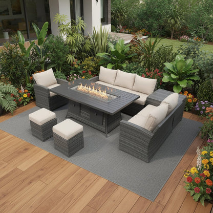 Seven Piece Brown Wicker Upholstered Cushions Sectional Seating Group With Fire Pit And Table HomeRoots