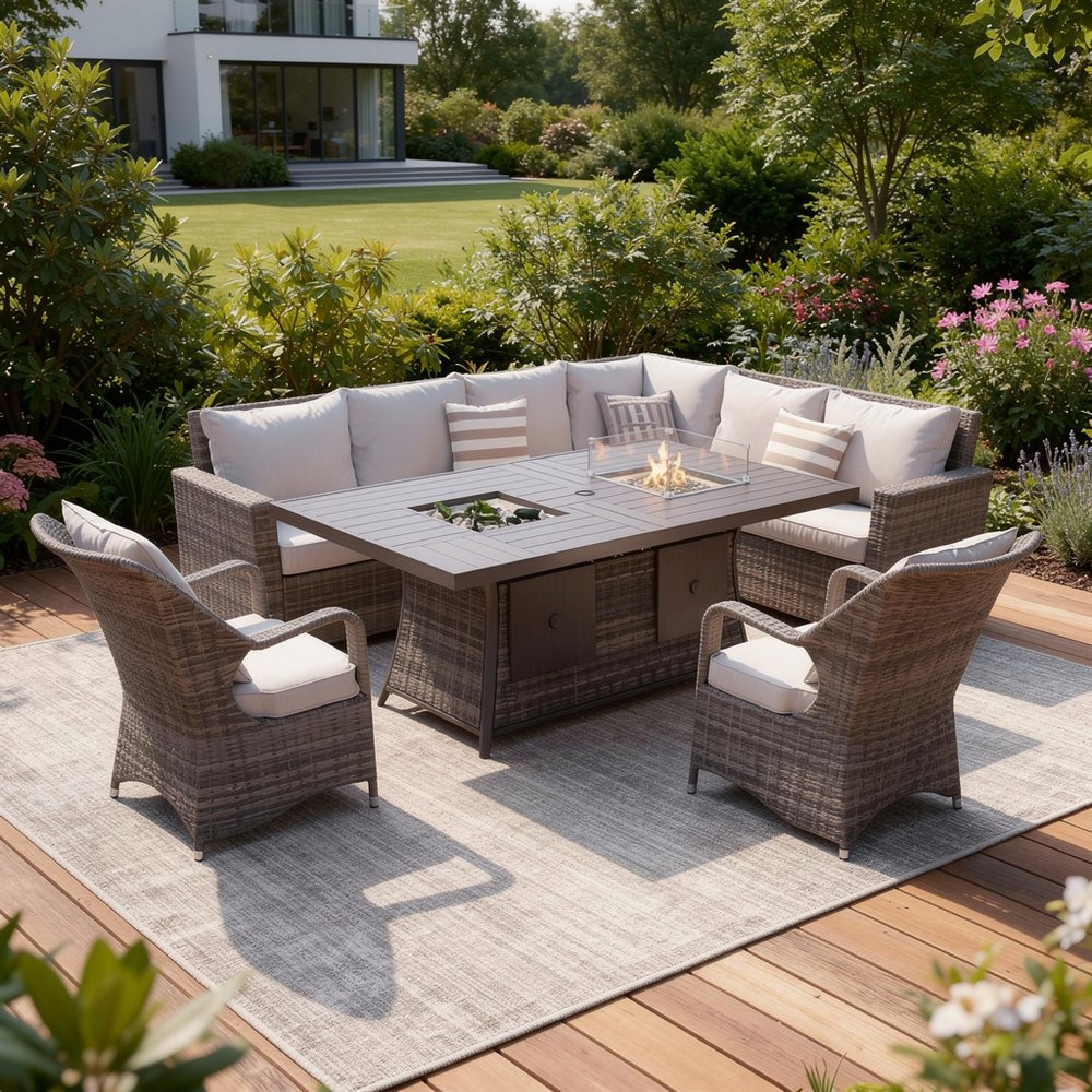 Seven Piece Gray Wicker Upholstered Cushions Sectional Seating Group With Fire Pit And Table HomeRoots
