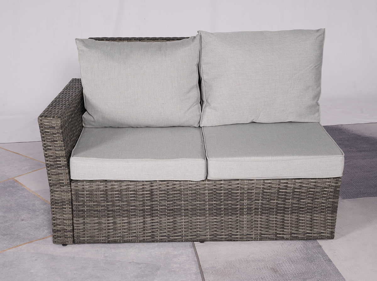 Seven Piece Gray Wicker Upholstered Cushions Sectional Seating Group With Fire Pit And Table — view 7