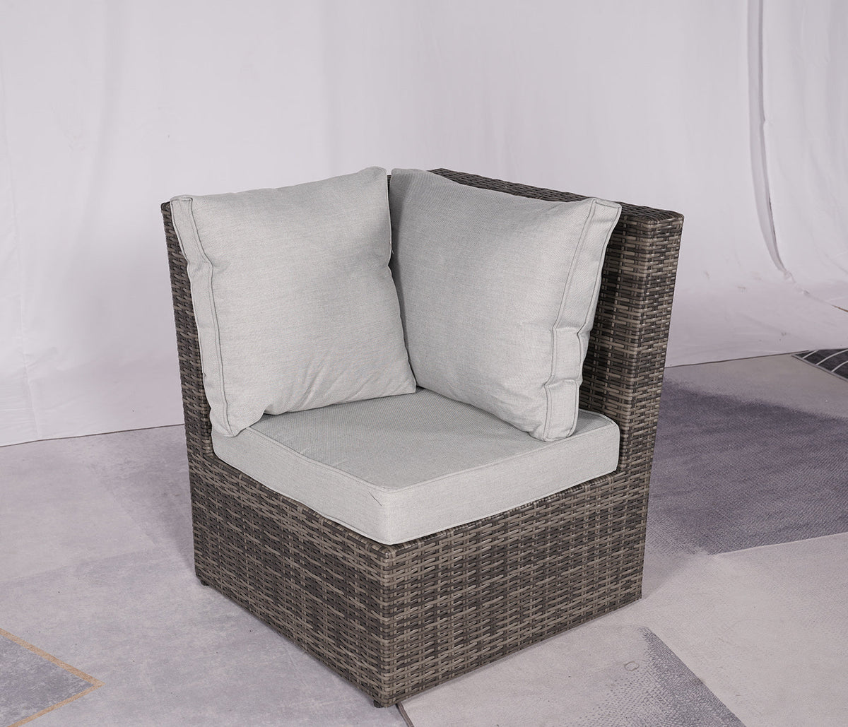Seven Piece Gray Wicker Upholstered Cushions Sectional Seating Group With Fire Pit And Table — view 5