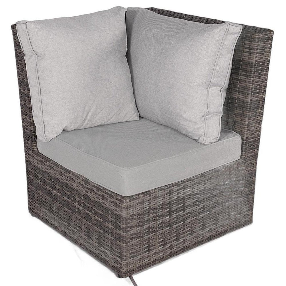 Seven Piece Gray Wicker Upholstered Cushions Sectional Seating Group With Fire Pit And Table — view 2