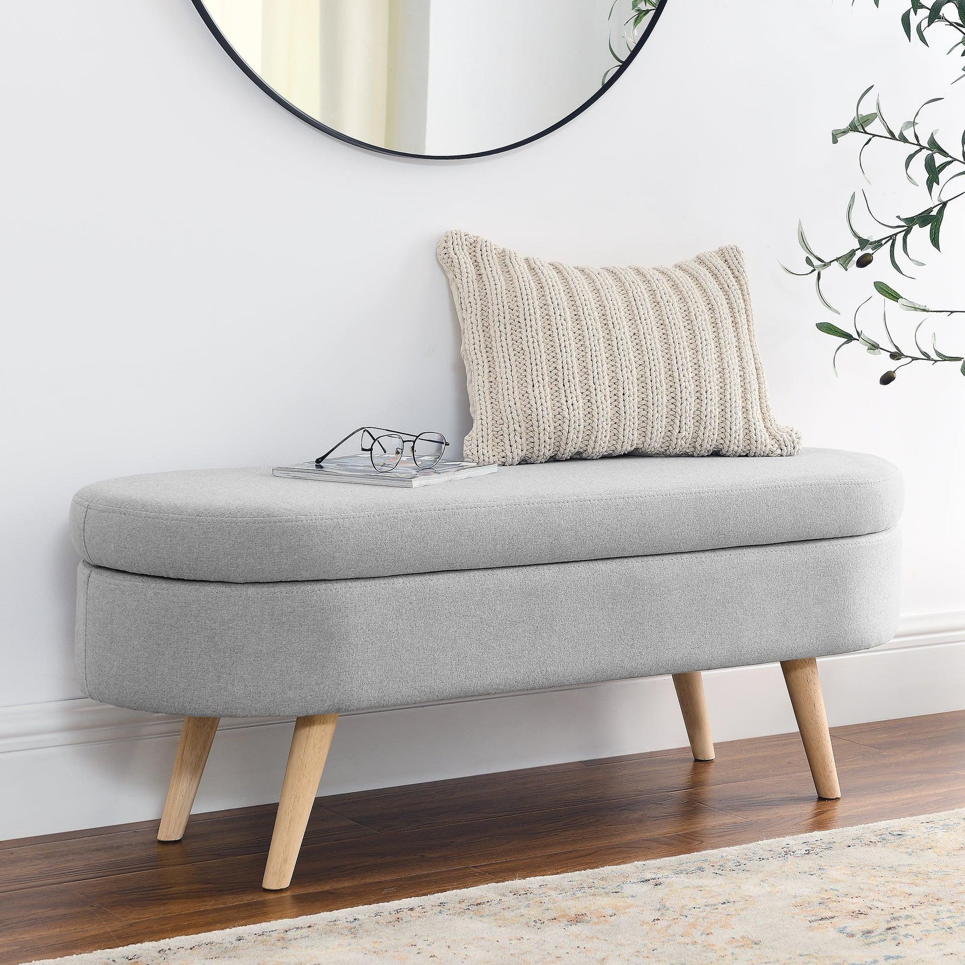 Ottoman Oval Storage Bench Rubber Wood Legs Grey(43.5"x16"x16") - FurniFindUSA