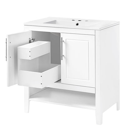 30" Bathroom Vanity with Sink Multi-functional Bathroom Cabinet with Doors and Drawers Solid Frame and MDF Board, White - FurniFindUSA