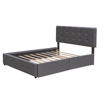 Upholstered Platform Bed with 2 Drawers and 1 Twin XL Trundle Linen Fabric Queen Size - Dark Gray - FurniFindUSA