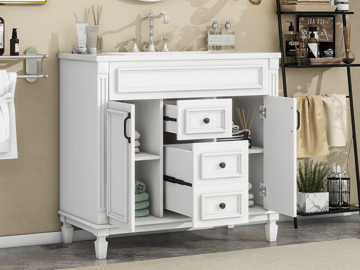 36 inch white bathroom vanity with top sink, equipped with 2 soft closing doors and 2 drawers, bathroom storage cabinet, single - FurniFindUSA