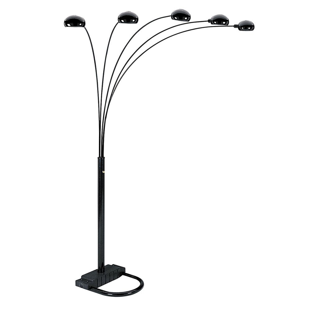 84" Black Five Light Arc Floor Lamp With Black Dome Shade — view 1