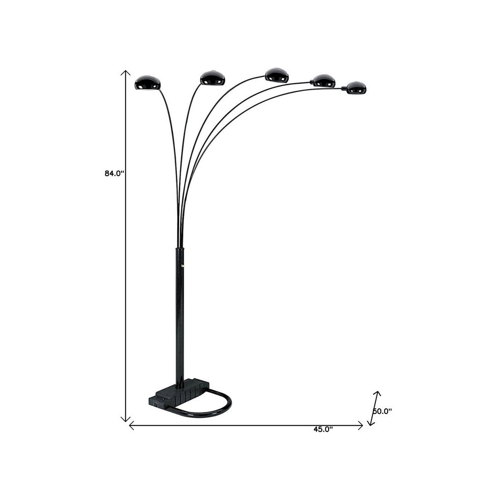 84" Black Five Light Arc Floor Lamp With Black Dome Shade — view 2