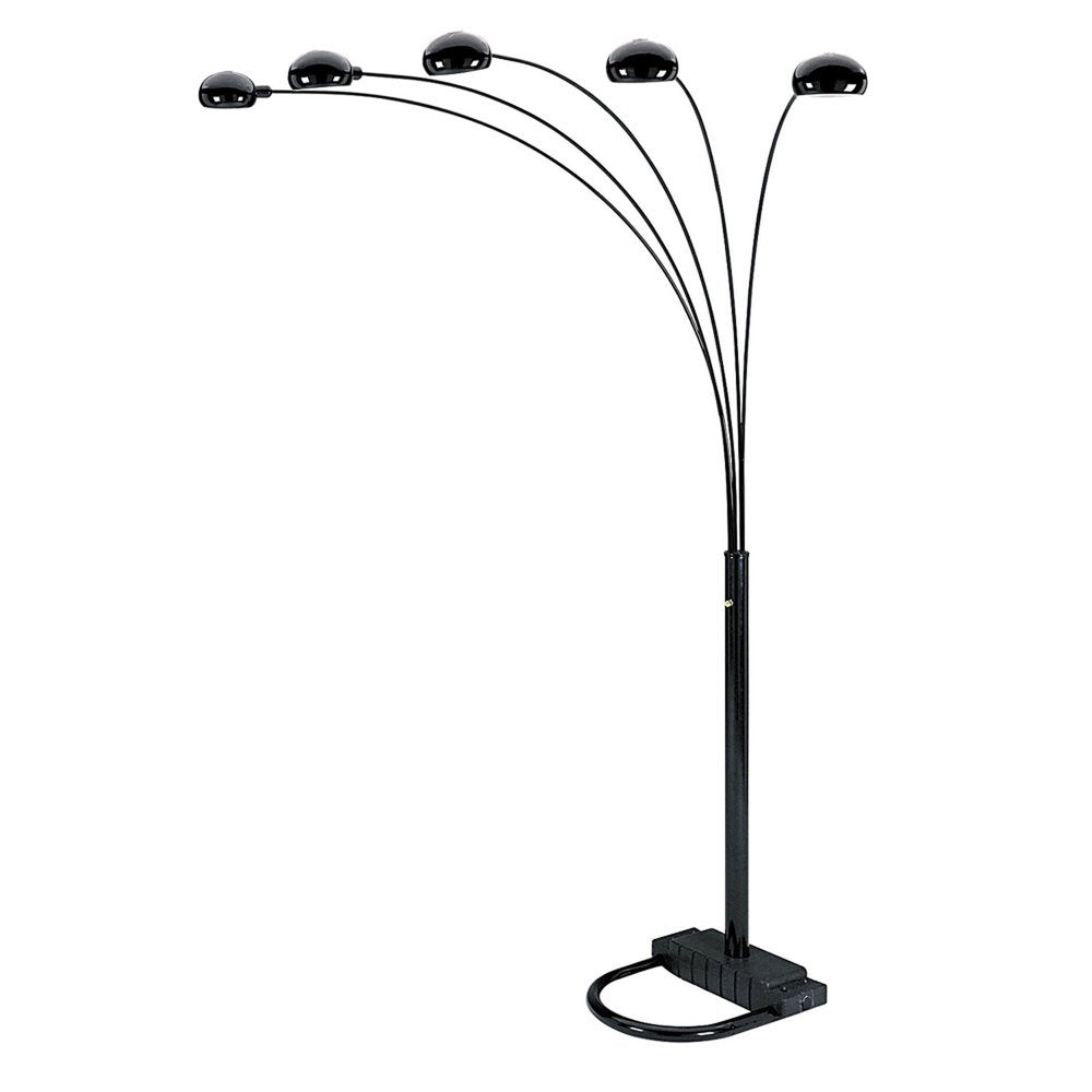 84" Black Five Light Arc Floor Lamp With Black Dome Shade — view 3