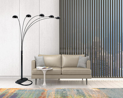 84" Black Five Light Arc Floor Lamp With Black Dome Shade