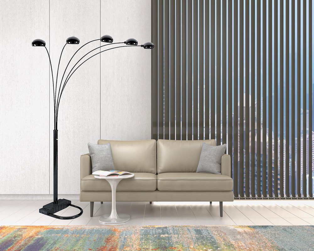 84" Black Five Light Arc Floor Lamp With Black Dome Shade HomeRoots
