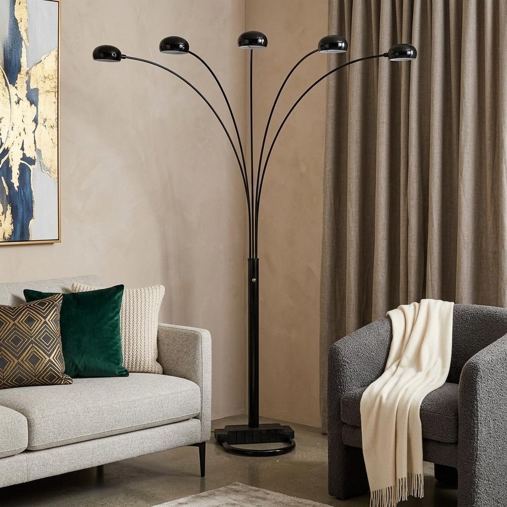 84" Black Five Light Arc Floor Lamp With Black Dome Shade HomeRoots