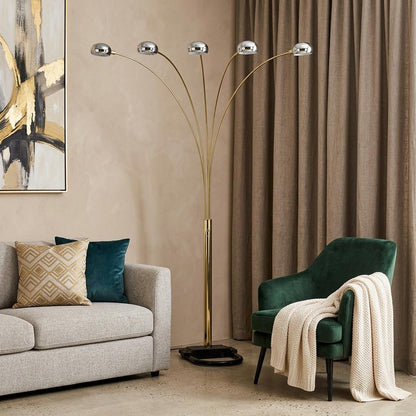 84" Gold Five Light Arc Floor Lamp With Brass Metal Dome Shade HomeRoots