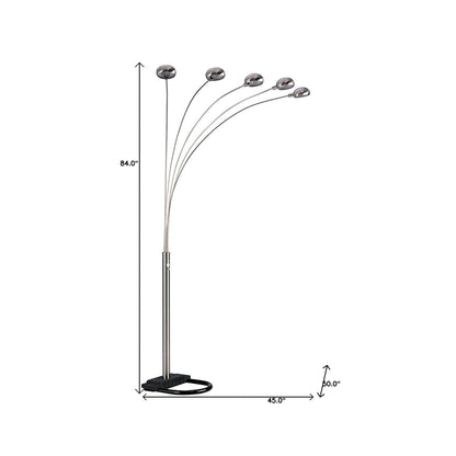 84" Nickel Five Lights Arc Floor Lamp With Nickel Dome Shade