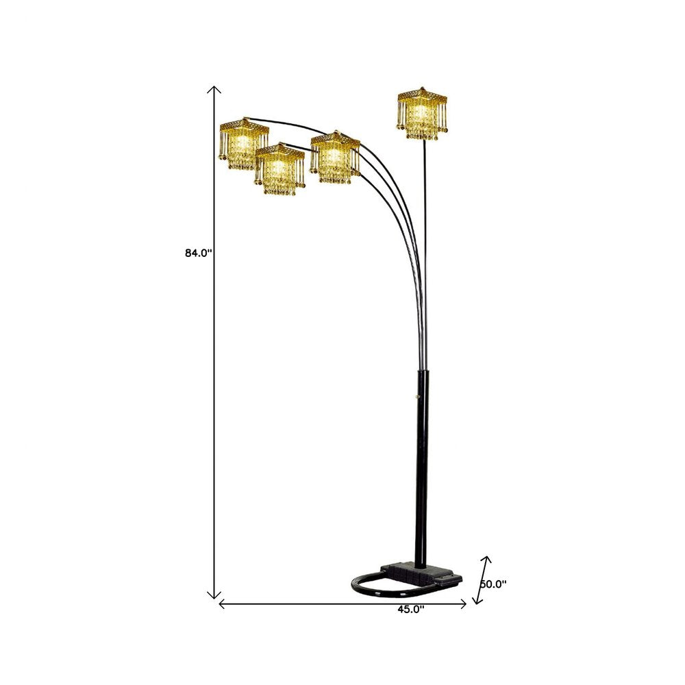 84" Black Four Light Arc Floor Lamp With Clear Crystal Glass Chandelier Shade — view 2