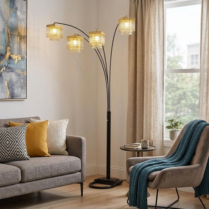 84" Black Four Light Arc Floor Lamp With Clear Crystal Glass Chandelier Shade HomeRoots