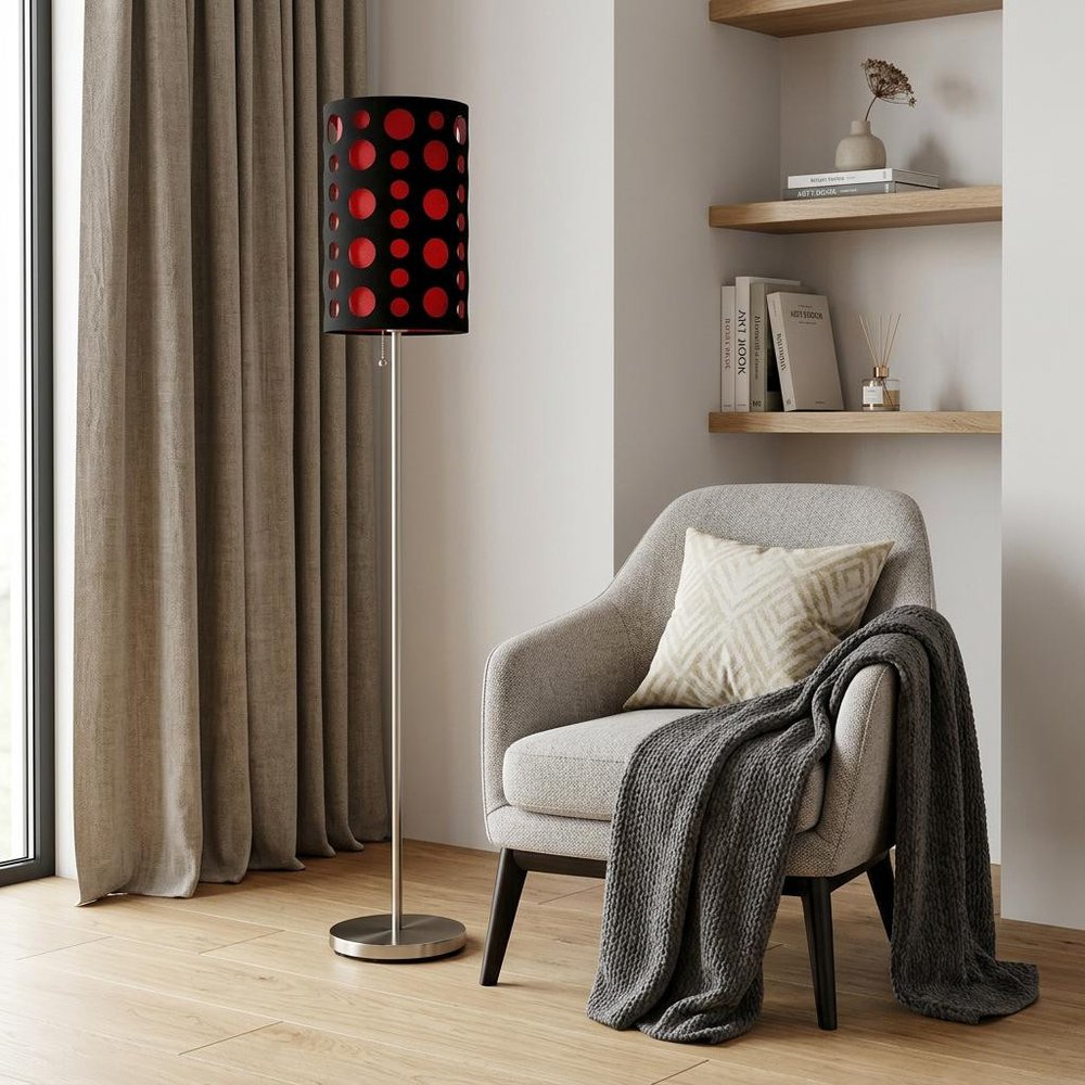 66" Steel Novelty Floor Lamp With Black And Red Drum Shade HomeRoots