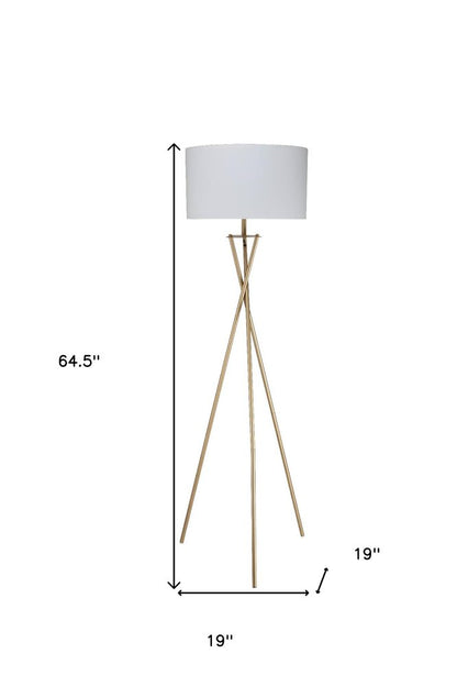 65" Gold And White Tripod Floor Lamp With White Fabric Drum Shade HomeRoots