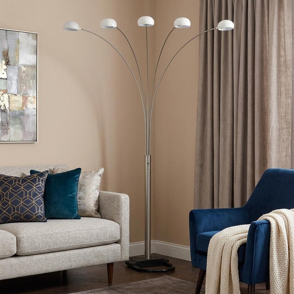 84" White Five Light Arc Floor Lamp With White Dome Shade HomeRoots