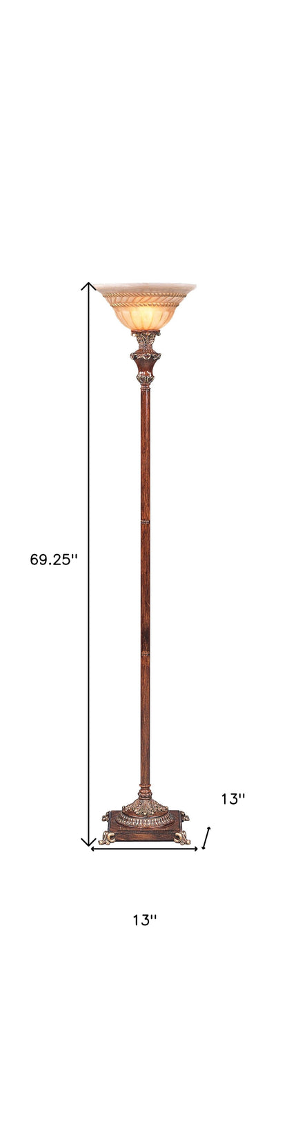 69" Brown Faux Wood Torchiere Floor Lamp With Brown Stained Glass Bell Shade