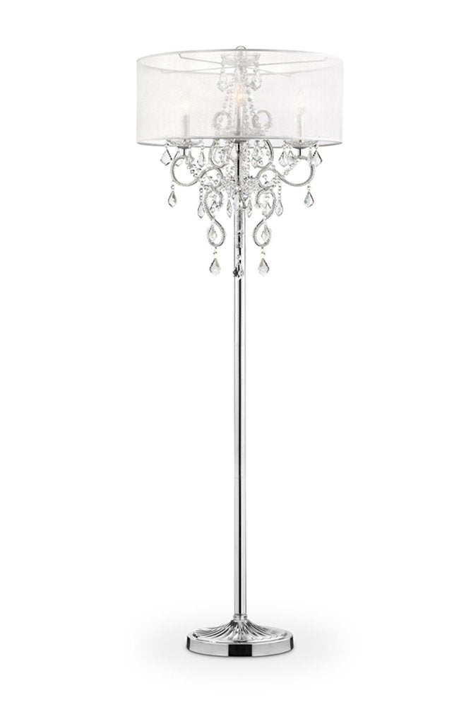 63" Silver Metal Three Light Candelabra Floor Lamp With White Acrylic Drum Shade HomeRoots