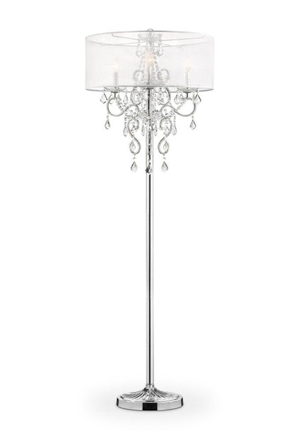 63" Silver Metal Three Light Candelabra Floor Lamp With White Acrylic Drum Shade HomeRoots